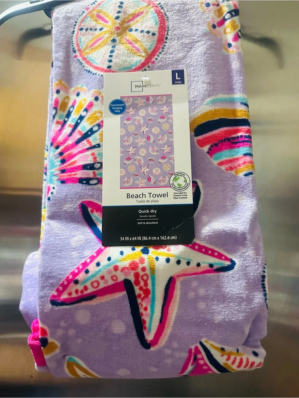 Mainstays✨💜🐚⭐️🩷 Purple Starfish & Seashell Beach Towel with Hot Pink Trim
